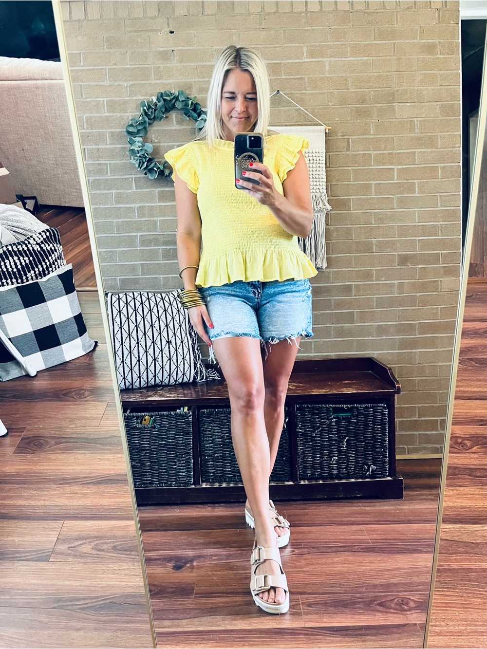 THML Bright Yellow Smocked Ruffle Sleeve Top